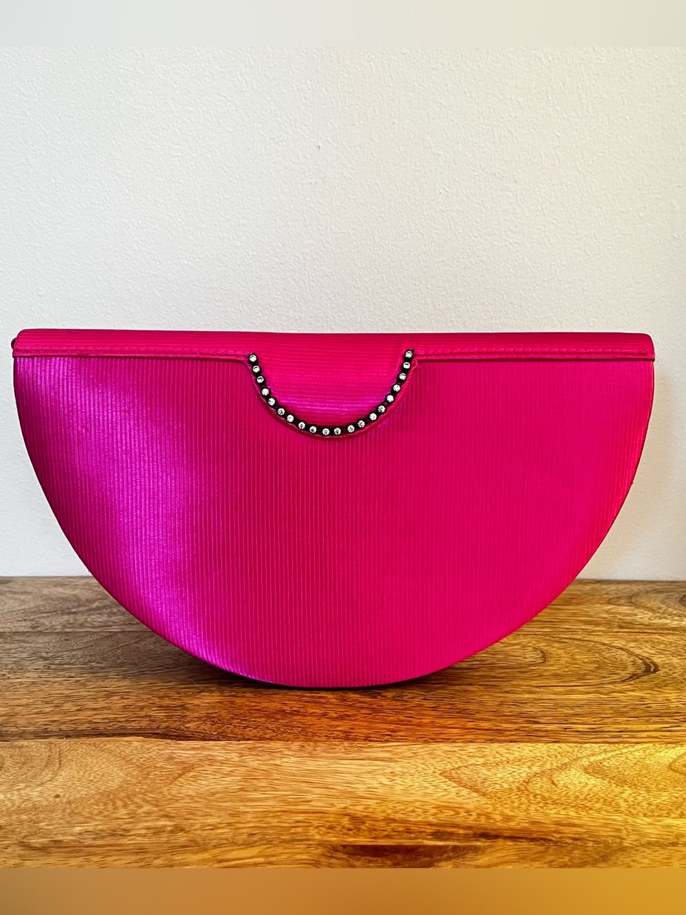 Vintage Deadstock Italian Hot Pink Satin Half Moon Clutch Bag
